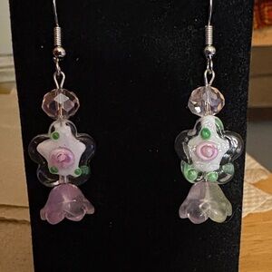 Hand Crafted Pink and Green Glass Earrings with AB Crystals